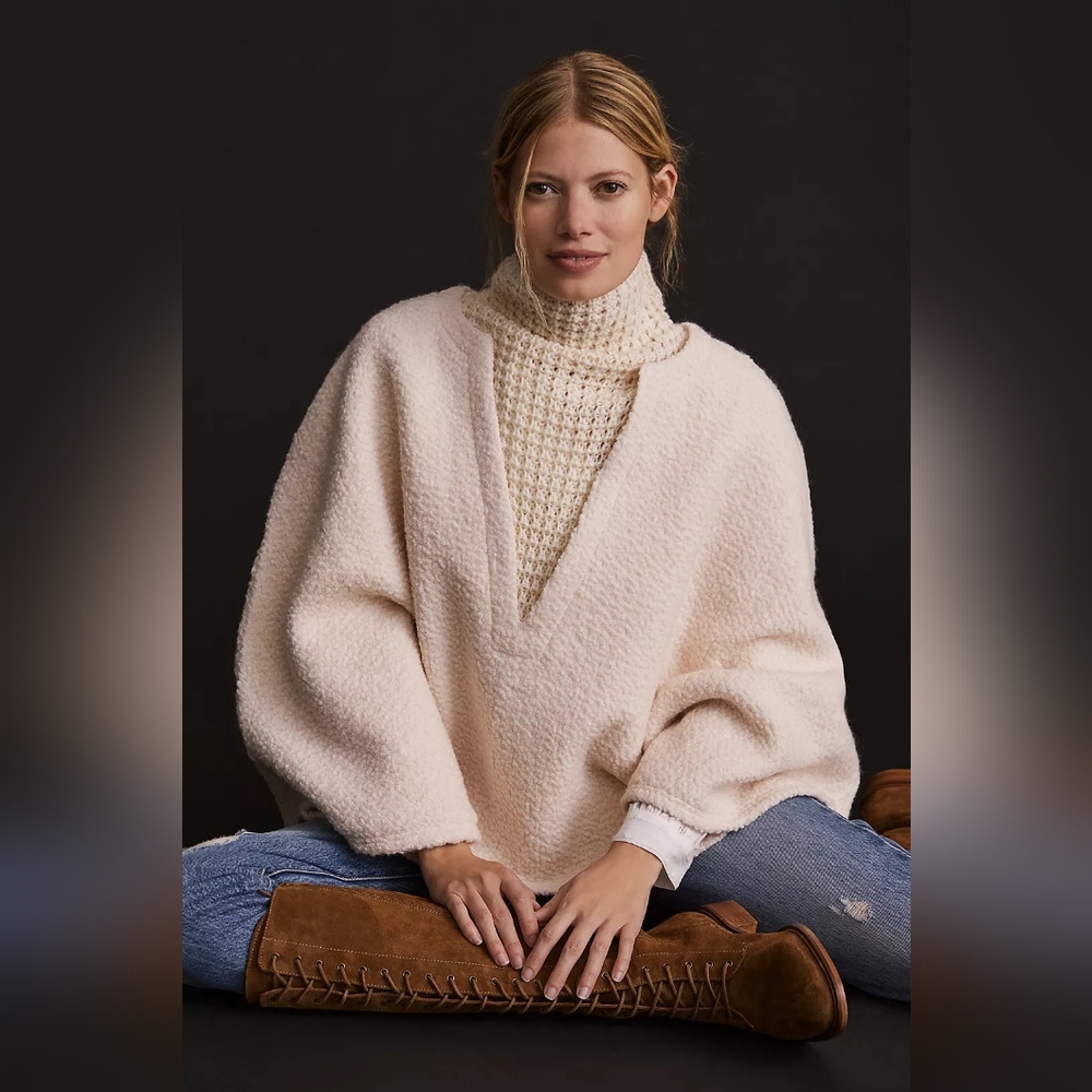Anthropologie Textured Wool Blend Cream Poncho Sweater